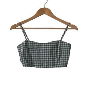 Brandy Melville Green and White Gingham Crop Spaghetti Strap Top Ruched Back O/S
